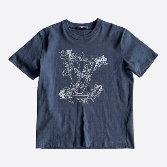 Louis Vuitton Navy & White Embroidered Flowers Logo T-Shirt